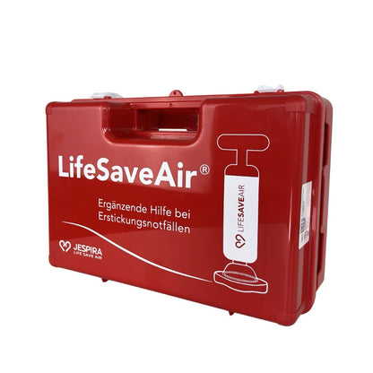 LifeSaveAir Kunststoffkoffer rot geschlossen mit Logo, seitliche Ansicht, Notfallhilfe bei Erstickungsgefahr