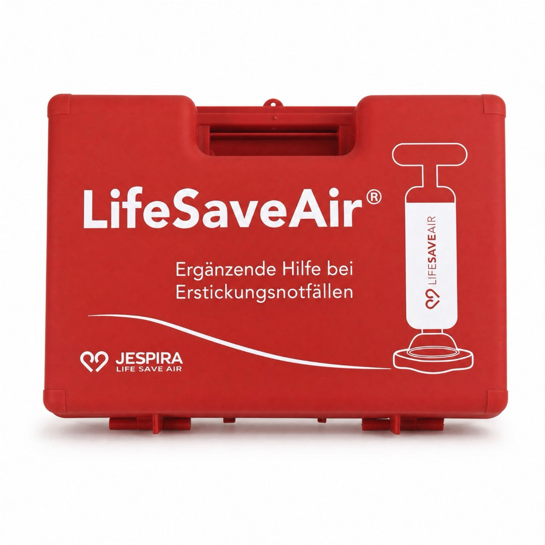 LifeSaveAir Kunststoffkoffer rot frontal mit JESPIRA Logo, Notfallhilfe bei Erstickungsnotfällen