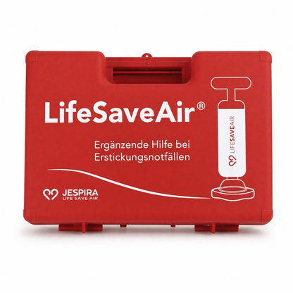 LifeSaveAir Kunststoffkoffer rot frontal mit JESPIRA Logo, Notfallhilfe bei Erstickungsnotfällen