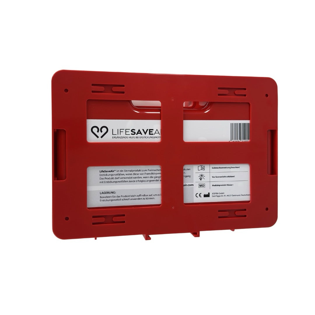 LifeSaveAir Wandhalterung rot mit Produktetikett, CE-Kennzeichnung und Lagerhinweisen