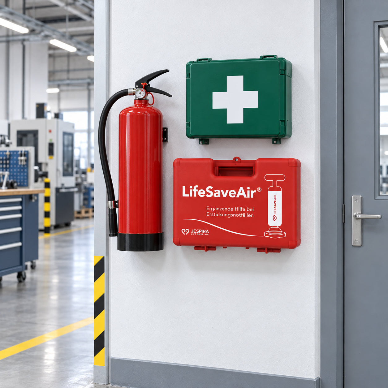 LifeSaveAir Kunststoffkoffer neben Feuerlöscher und Erste-Hilfe-Kasten im Betrieb
