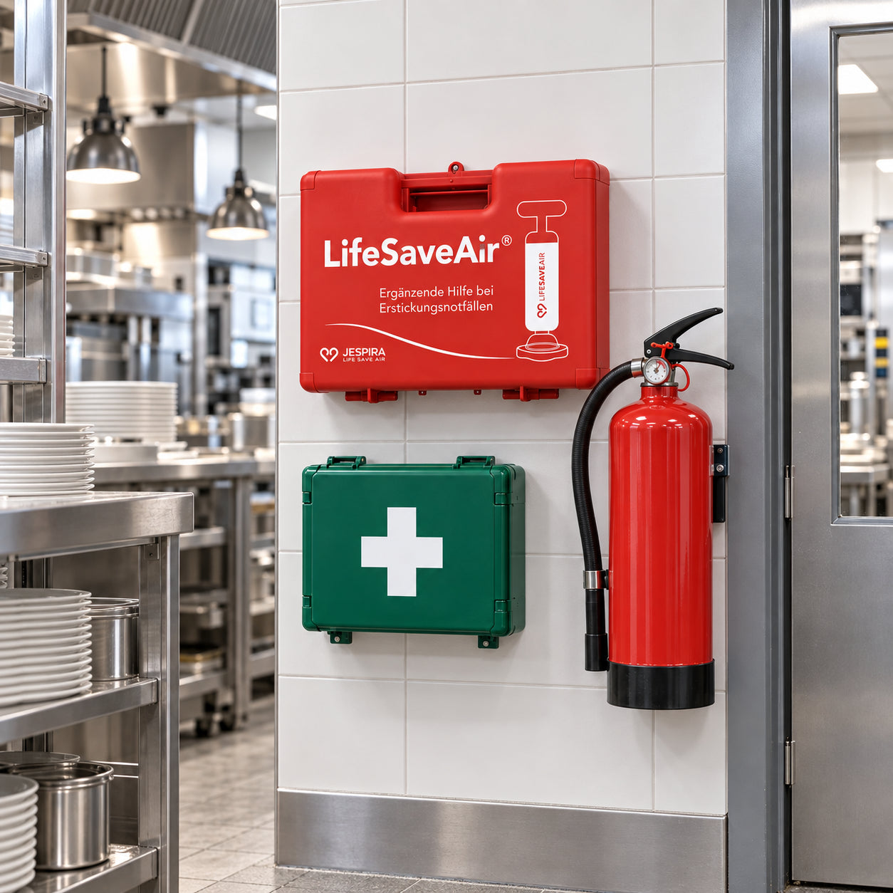 LifeSaveAir Kunststoffkoffer am Erste-Hilfe-Punkt einer Gastronomieküche