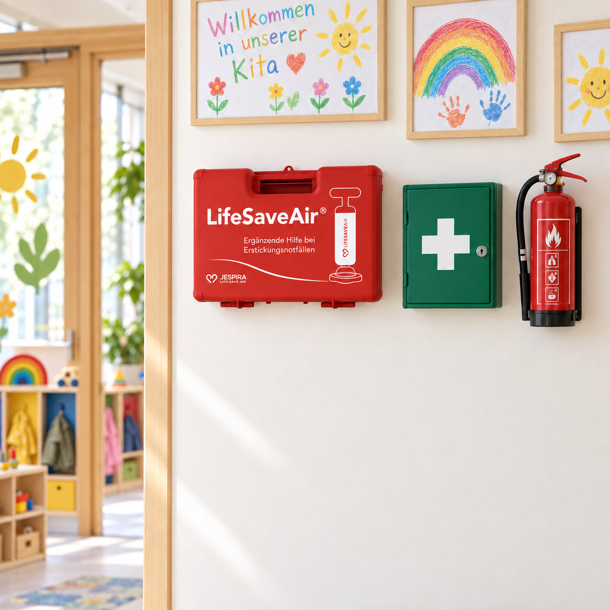 LifeSaveAir Kunststoffkoffer an der Erste-Hilfe-Station im Eingangsbereich einer Kita