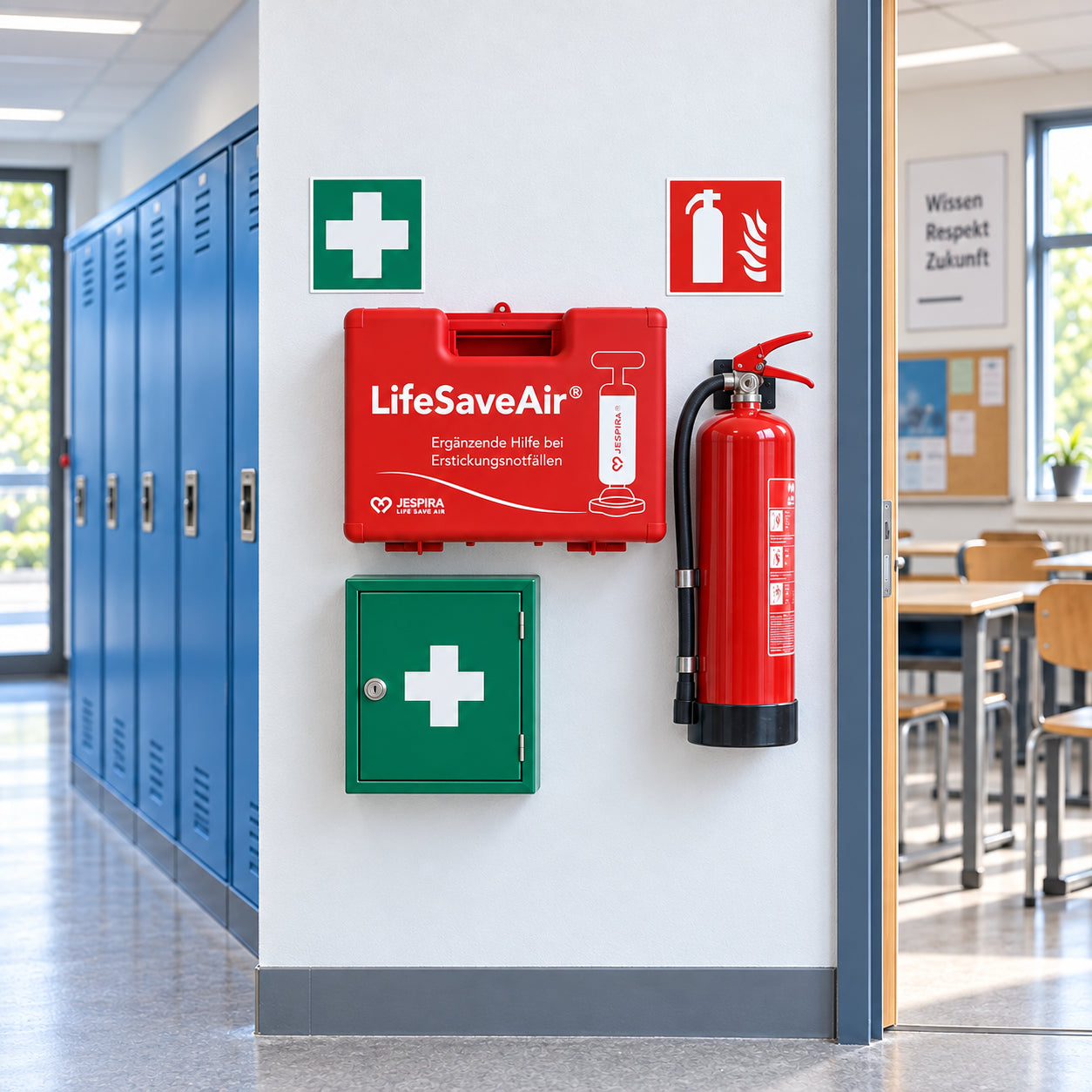LifeSaveAir Kunststoffkoffer neben Erste-Hilfe-Kasten und Feuerlöscher im Schulflur