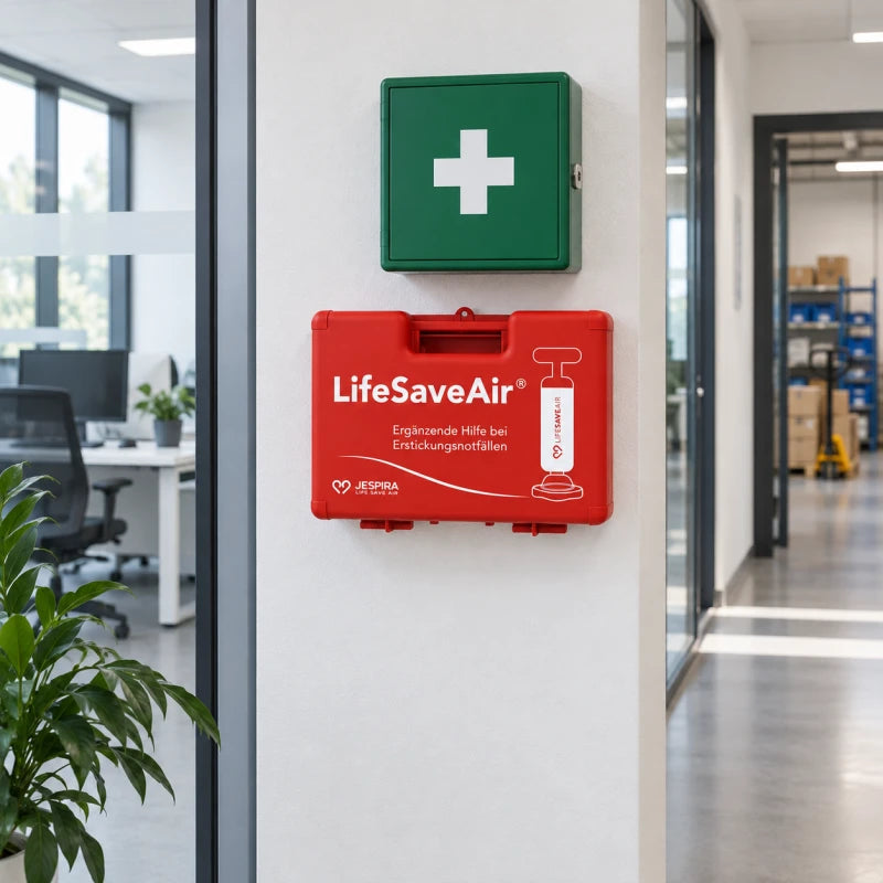 LifeSaveAir Kunststoffkoffer am Arbeitsplatz neben der Erste-Hilfe-Ausstattung