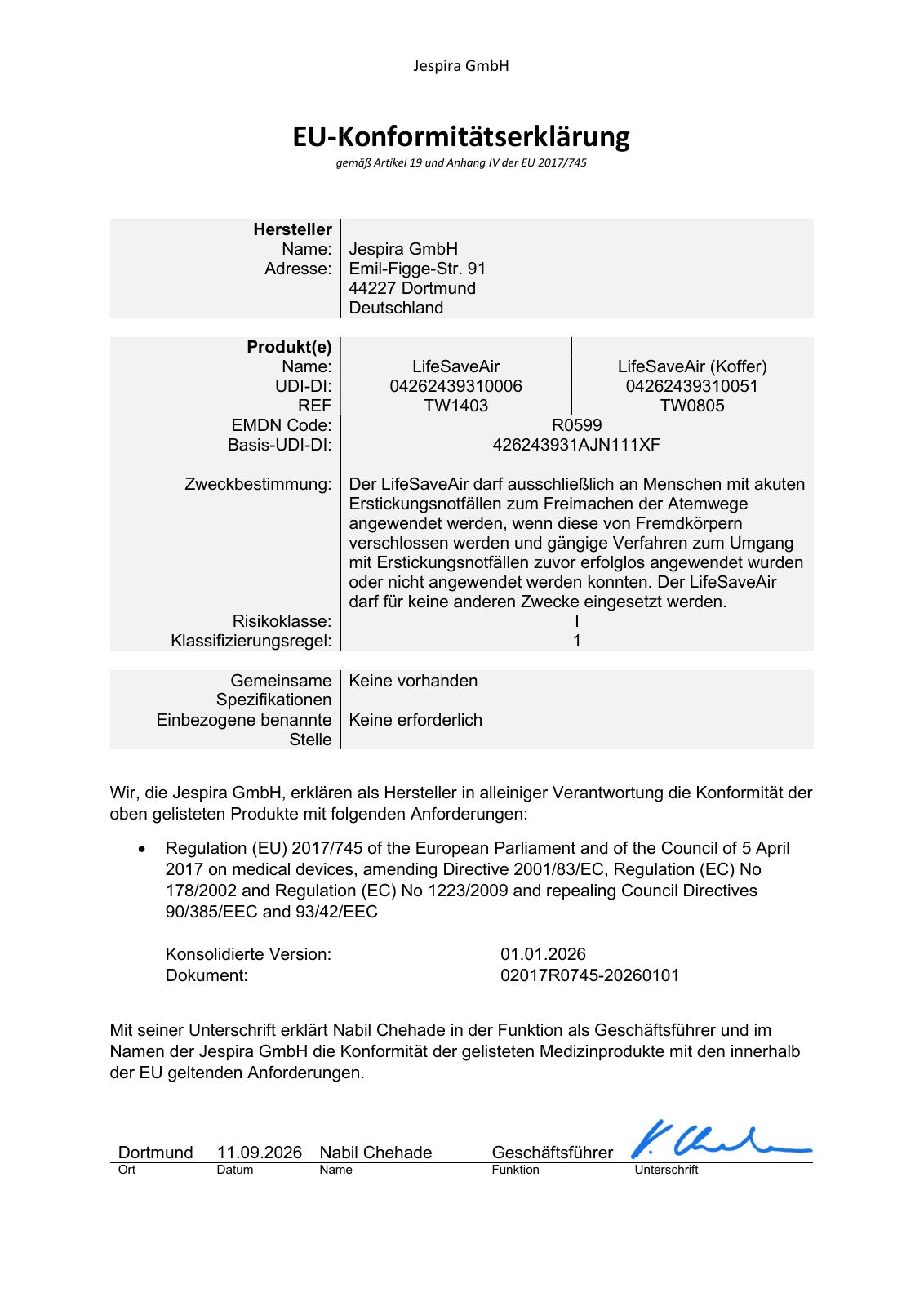 Original der EU-Konformitätserklärung von Jespira