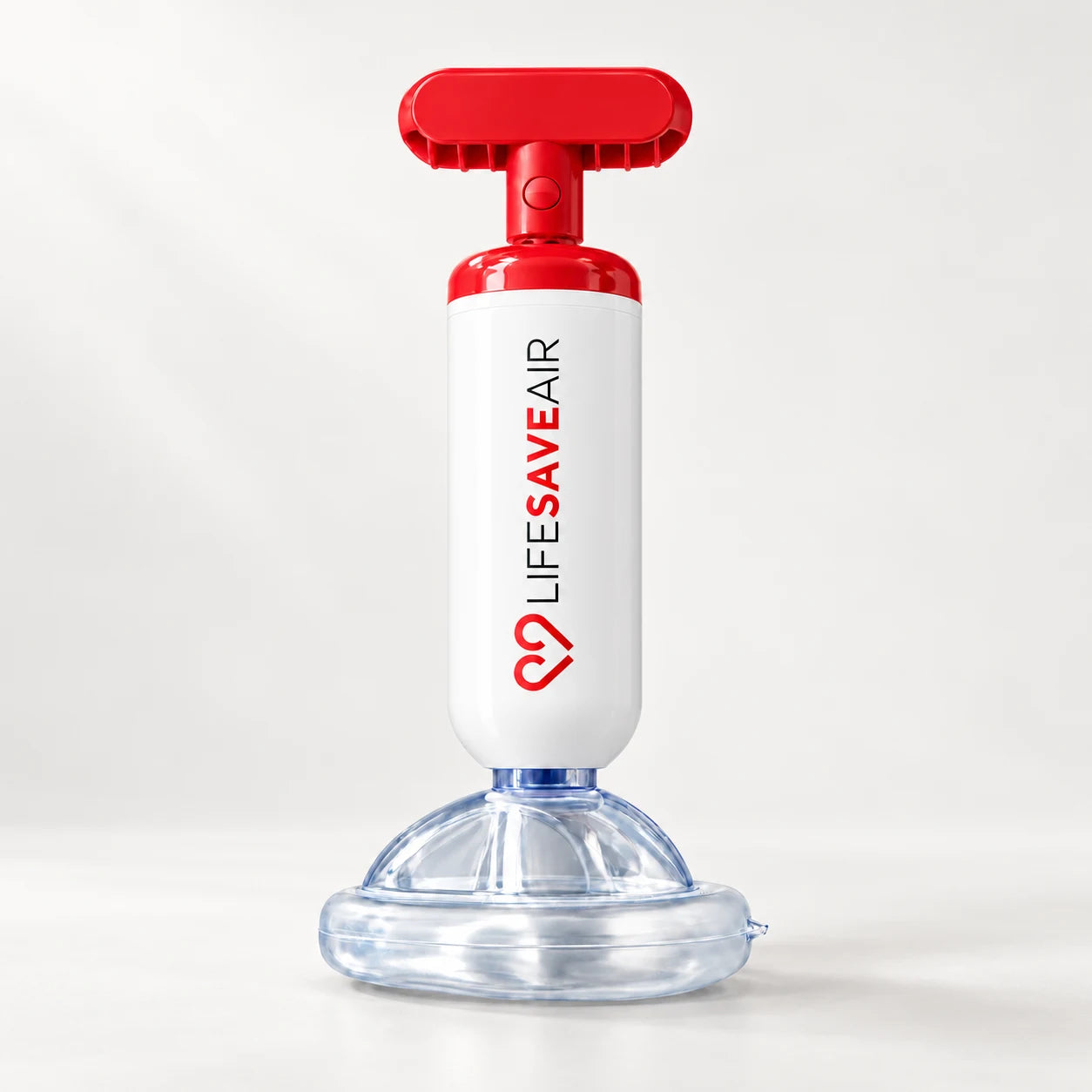 LifeSaveAir mit rotem Griff, weißem Gehäuse und transparenter Maske