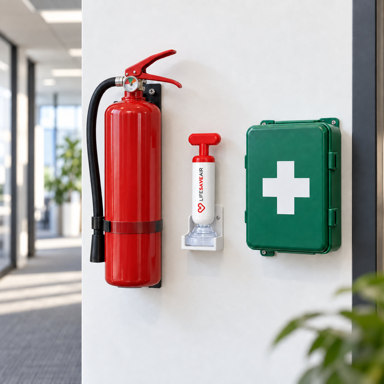LifeSaveAir am Arbeitsplatz neben Feuerlöscher und Erste-Hilfe-Ausstattung