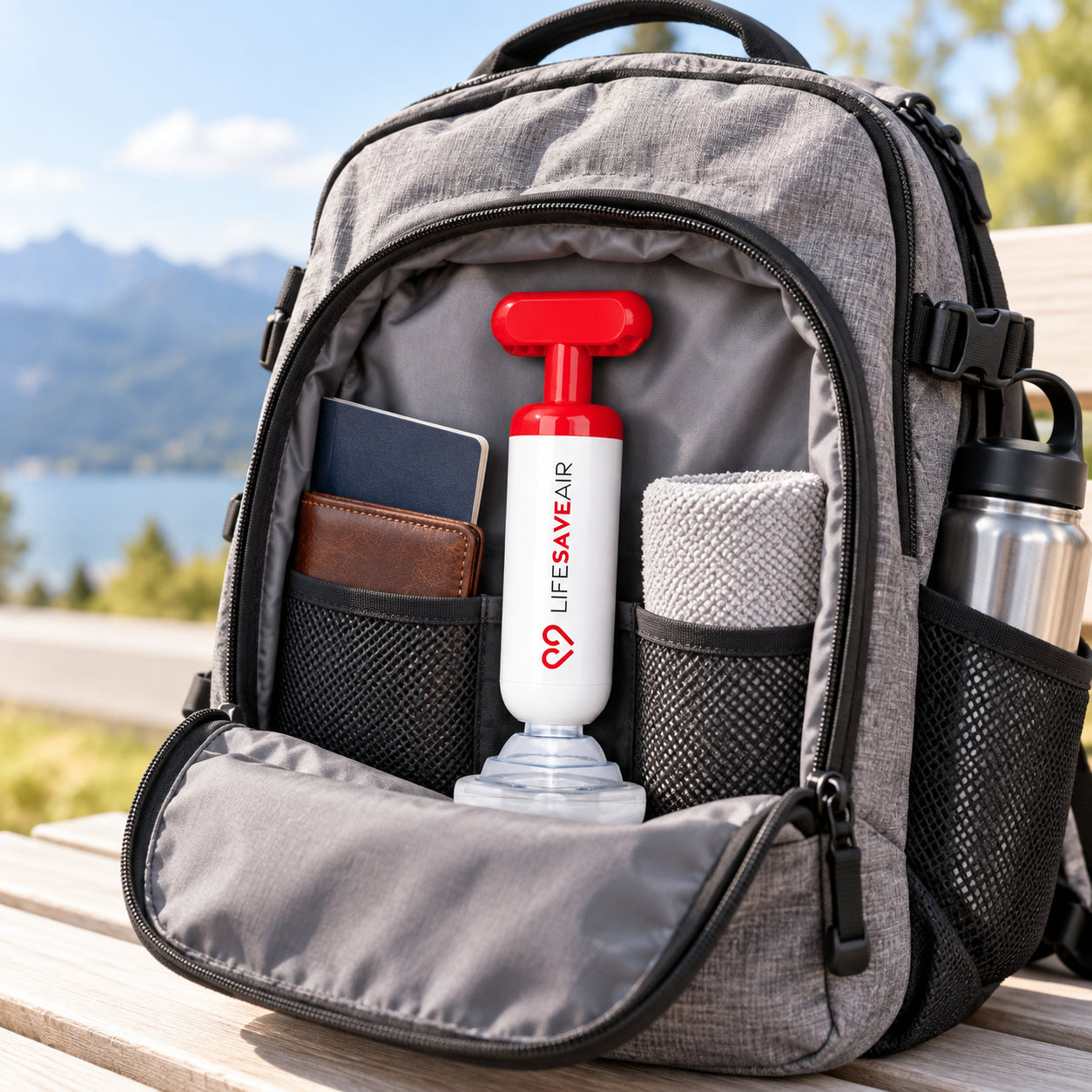 LifeSaveAir griffbereit im Rucksack